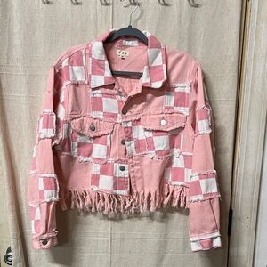 Pol Pink and White Checkered Fringe Jean Jacket